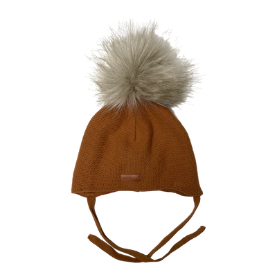 Metsola knitted cotton beanie with fake fur pom, caramel | 1-2y