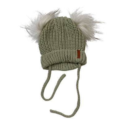 Metsola knitted cotton beanie with poms, tea green | 1-2y