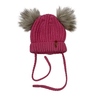 Metsola knitted merino wool beanie with fur poms, hot pink | 6-12m