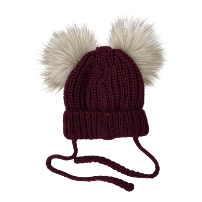 Metsola merino wool beanie with pom poms, burgundy | 2-6m