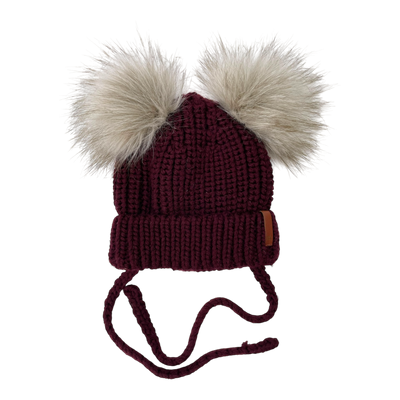 Metsola merino wool beanie with pom poms, burgundy | 2-6m