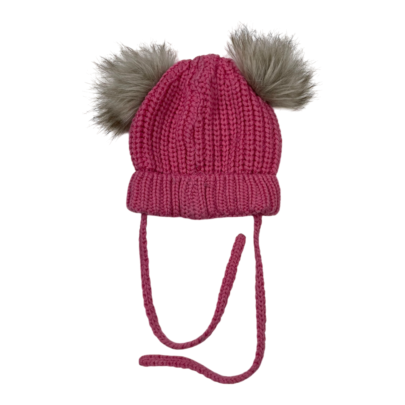 Metsola knitted merino wool beanie with fur poms, hot pink | 6-12m