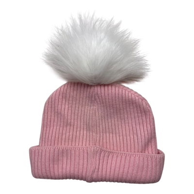 Metsola cable knit merino beanie with pom, pink | 6-8y