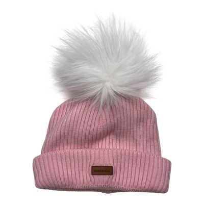 Metsola cable knit merino beanie with pom, pink | 6-8y