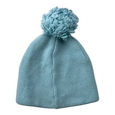 Metsola knitted cotton beanie with pom, blue | 7-8y