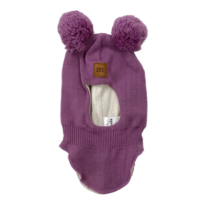Metsola merino wool balaclava with poms, purple | 2-6m