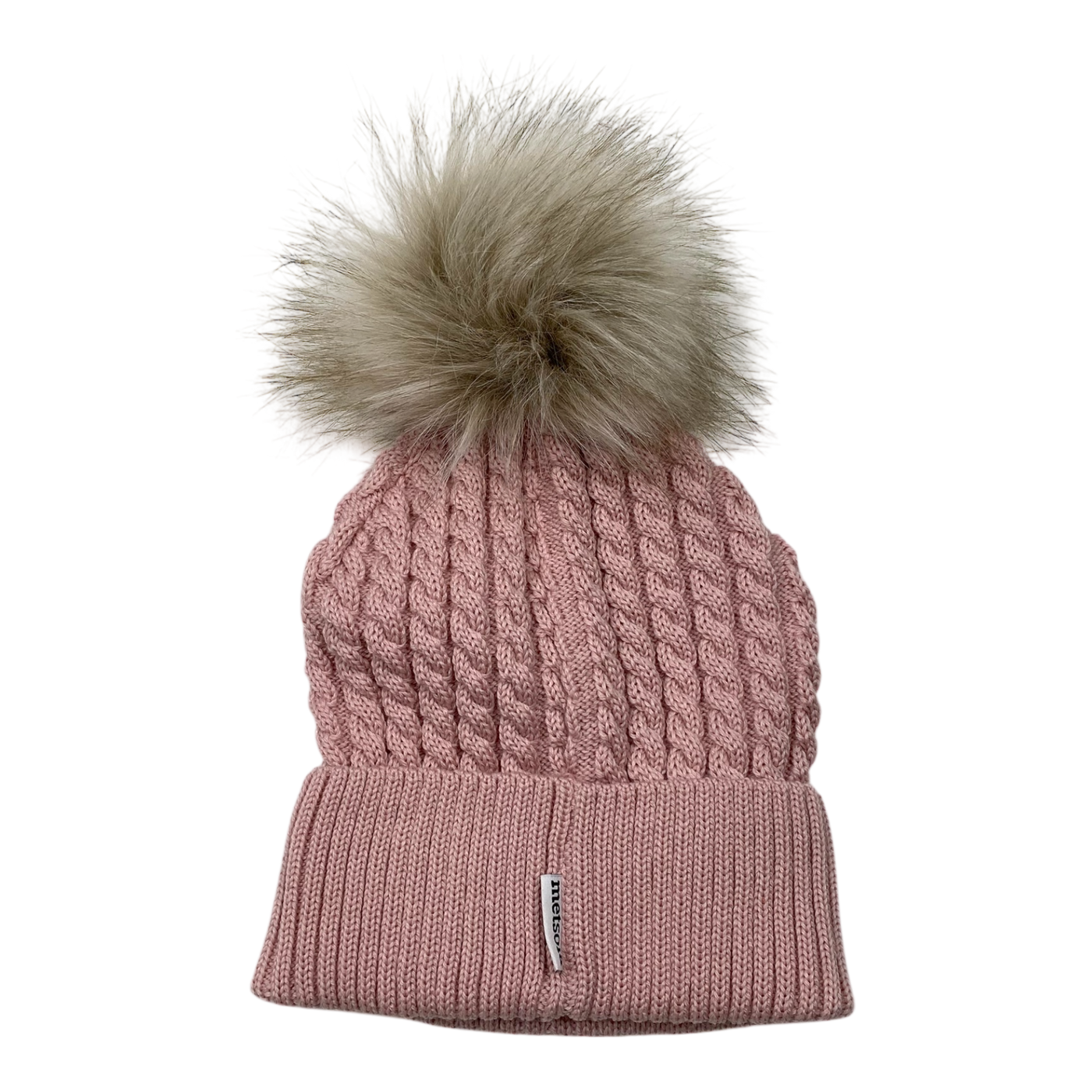 Metsola cable knit merino beanie with pom, pink | 7-8y
